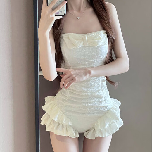 Bo Naling New Year Swimsuit Women's 2025 New Style Beautiful Girly One-piece Skirt Conservative Covering Belly, Slimming Small Breasts, Gathering Vacation Ruffled Swimsuit Off-White One Size Fits 80-120Jin Jin is equal to about 0.5 kg