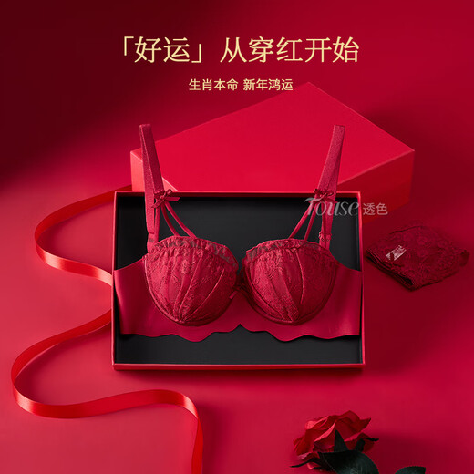 Triumph (Triumph) red underwear for women in the zodiac year, small breasts are pushed up to make them look bigger, and secondary breasts are pushed up, wedding new year sexy lace bra set, rose red - set 75B 34 (small breasts are pushed up to look bigger)