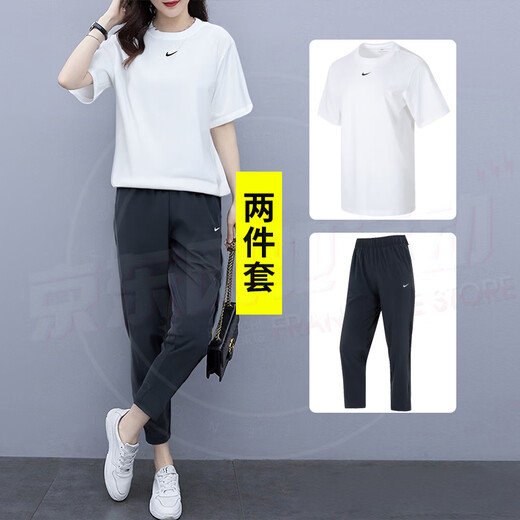 耐克（NIKE）女装套装夏季新款舒适透气跑步训练短袖T恤宽松梭织长裤两件套 FD4150-100+FB7030-010 L/165