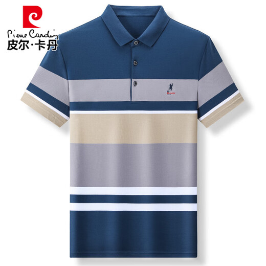 Pierre cardin men's summer new short-sleeved men's T-shirt striped casual lapel large size men's POLO shirt business casual 3523 Yushui Blue M 170