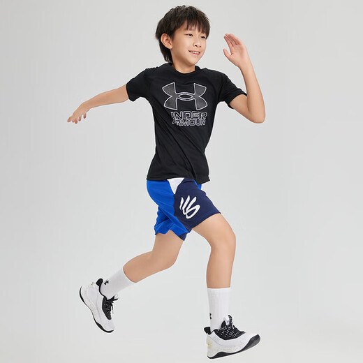 Under Armor children's clothing, children's short-sleeved round neck top, summer style for boys and girls, knitted moisture-absorbent outdoor sports quick-drying T-shirt, black 140, the size is small, please take one size larger as normal