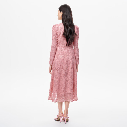 Kelaitier [multi-color style] [same style as Qiao Xin] 25-year-old French rose lace dress with temperament embroidered slim style light red XL
