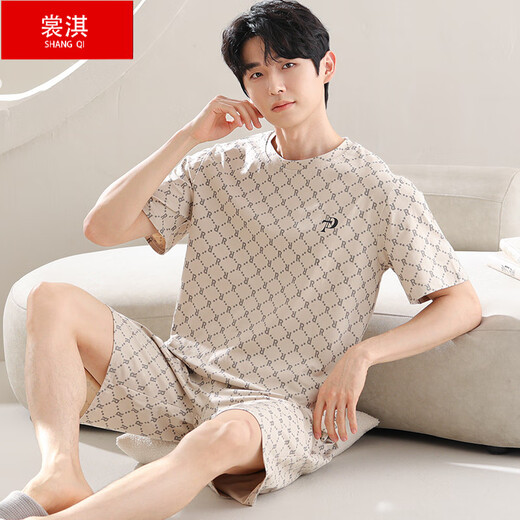 
Shangqi Modal pajamas men's summer short-sleeved large-size new ice silk home clothing set for summer can be worn outside Y9720 L