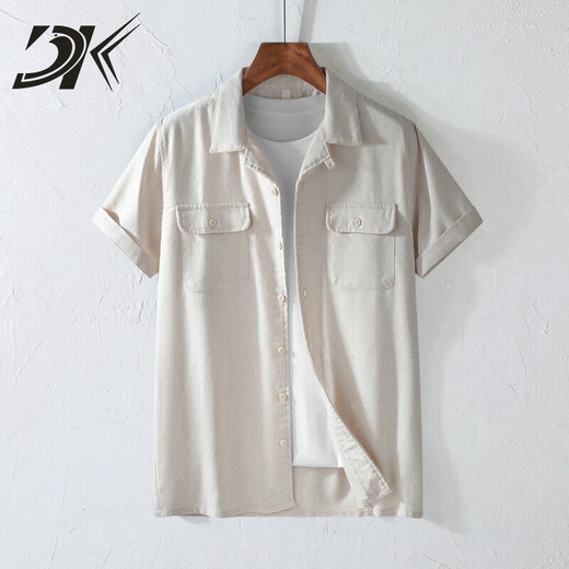 DK Light Luxury Herren-Leinen kurzärmeliges Hemd Herren Retro Revers Workwear atmungsaktiv dünner Sommer Baumwollwäsche vielseitiges Hemd weiß XL
