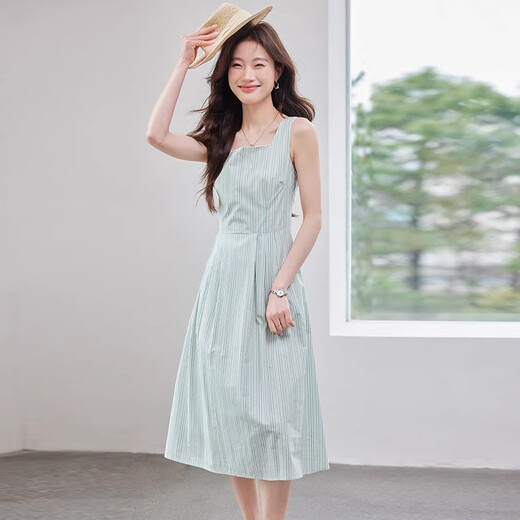 QCKZ条纹吊带连衣裙女2025夏季新款气质收腰显瘦法式高级感方领长裙子 Q9933白色衬衫+Q9922绿色连衣裙 S