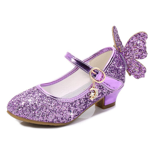 BAOZOUXIE Girls' Single Shoes Butterfly Princess Shoes Children's High-heeled Leather Shoes Little Girls Crystal Shoes Host Dance Performance Blue Size 31 Shoes Inner Length 19.5cm