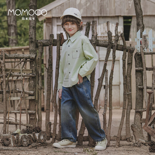 Mami Maka (MOMOCO) children's clothing boys' shirts 2025 autumn style children's pure cotton trendy fashion shirt 007 green 120