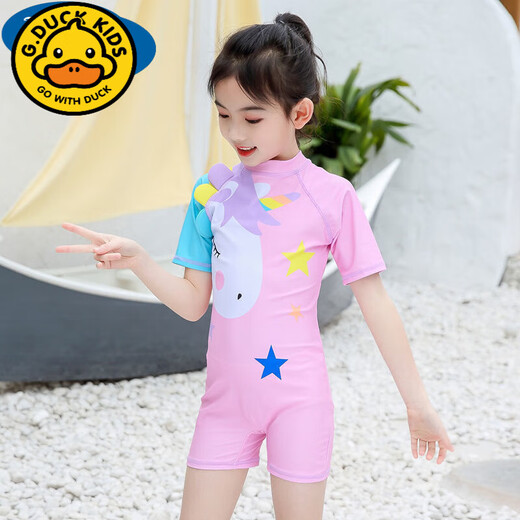 G.duck new summer product, children's swimsuit, girls' quick-drying one-piece sun protection surfing suit for middle-aged and older children 3-15 years old, pink unicorn (swimsuit + swimming cap) L (suitable for weight 20-30Jin Jin equals 0.5kg)