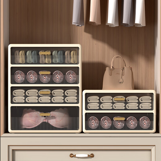 Three-in-one storage box for underwear, underwear and socks, drawer-type organizer, artifact, divided household plastic, 3-layer underwear + underwear + sock box, milk coffee color