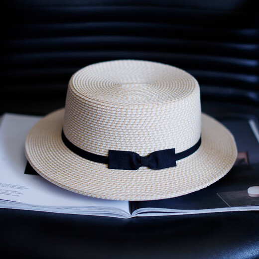 Tochino Japanese style straw hat women's summer sun hat flat brim small bow flat top hat sun protection beach hat vacation beige