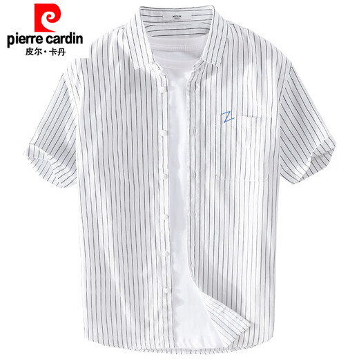 Pierre cardin men's striped short-sleeved shirt summer loose thin clothes cotton embroidered casual versatile shirt summer clothing new product 9738 black stripes M 100Jin [Jin equals 0.5 kg]