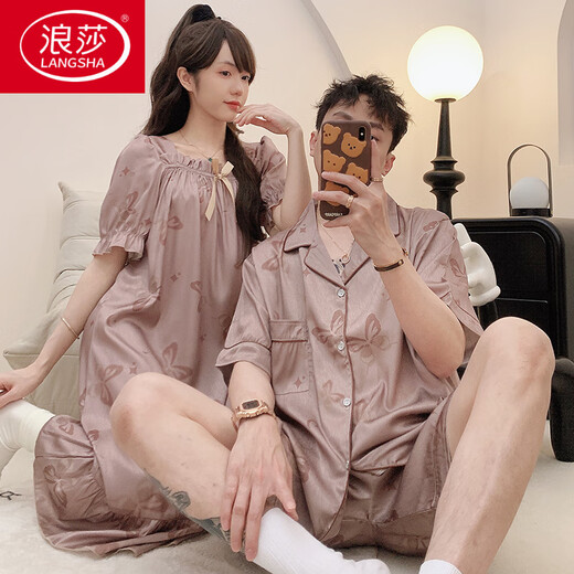 
LangSha couple pajamas silk summer thin style men and women large size loose cute cartoons can be worn outside summer home clothing set 13076-13077 M women + men L