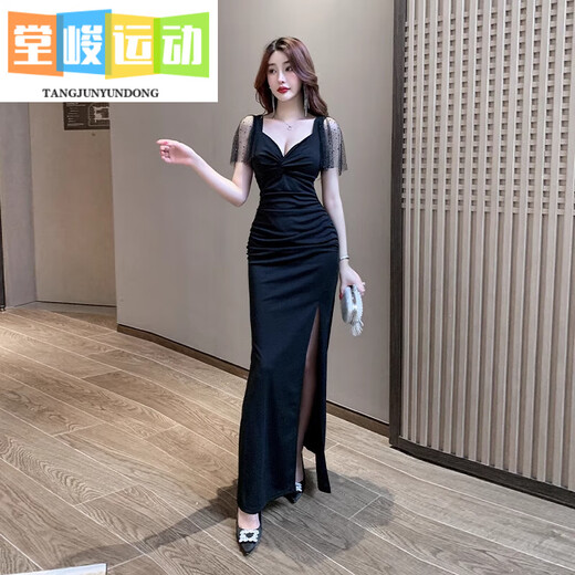 Tangjuns neuer sexy Nachtclub Langer Rock Badewauntechniker Temperament Abendkleid Lange Bar Arbeitskleidung b3883 schwarz s
