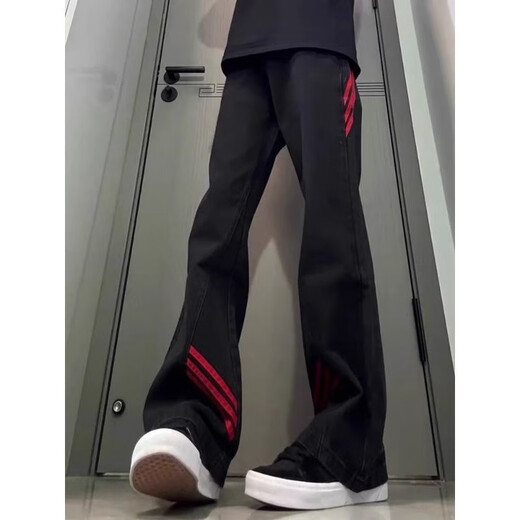 Katuchi red and black contrast stitching bootcut jeans for men in autumn and winter trendy high street design American workwear straight long pants black regular XL