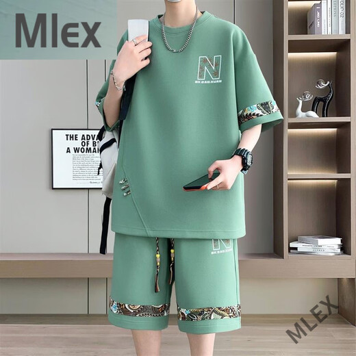 MLEX佳琳娜时尚男装冰丝短袖.t恤男青少年夏装国潮短袖休闲运动套装 6195【短袖套装】米白色 4XL 建议180200斤