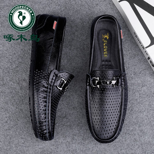 Woodpecker men's beanie shoes summer breathable leather shoes men's genuine leather soft leather one-legged driving shoes soft sole hollow style black summer hole 9901 38