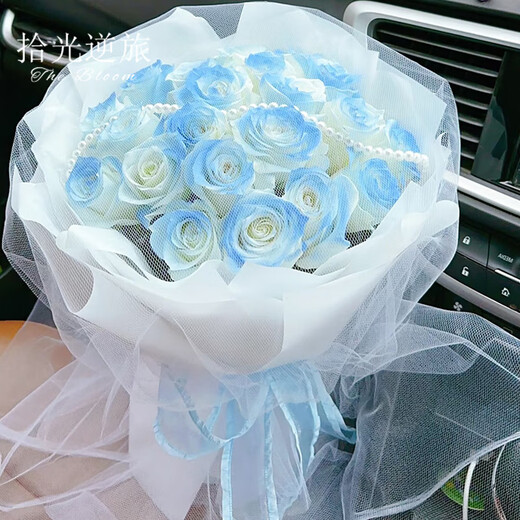 Pick up light reverse travel flowers city delivery Michigan crushed ice blue rose bouquet for girlfriend birthday bouquet gift bouquet hour delivery Blue Princess丨19 crushed ice blue roses with pearl chain fairy yarn bouquet