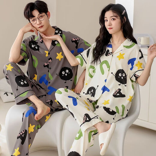 Yimi Mei zwei Anzug Paar Pyjamas Frühlings- und Sommer-Kurzärärmel-Strickjacke Square Collar Herren Hausbekleidungsanzug SKS 693 M Frauen m