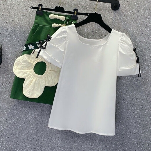 皮尔卡丹连衣裙大码女装抽皱扎花单肩2025夏季新款背带裙套装女洋气百搭款 9194上衣单件 M 建议80-100斤
