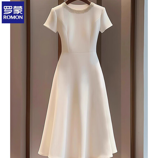 Romont French dress for women 2025 new style dignified and elegant designer chic and beautiful white round neck niche dress white M 100-110Jin Jin is equal to 0.5 kg