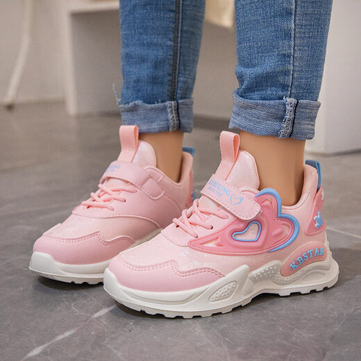 
UKUHPK2025 spring and autumn comfortable and breathable double mesh leather mid-large children's sports shoes casual shoes fashionable students' shoes 9922 pink 26 inner length 16.3CM