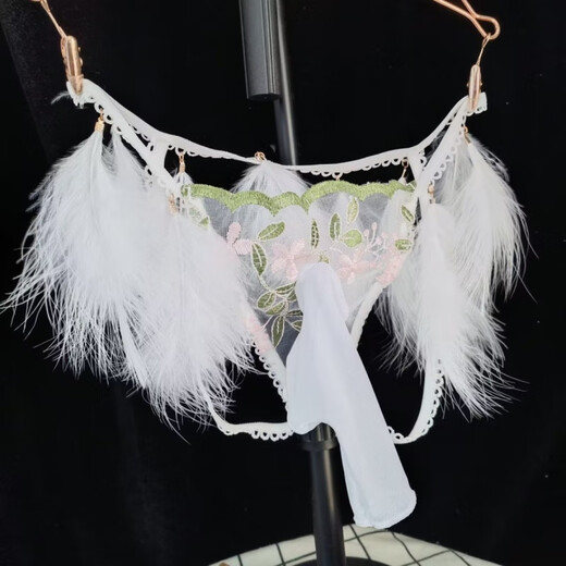 Open crotch lace men's pure desire sexy modified JJ set underwear feather decoration embroidered breathable open file thong white JJ set open style 100-140Jin Jin equals 0.5 kg