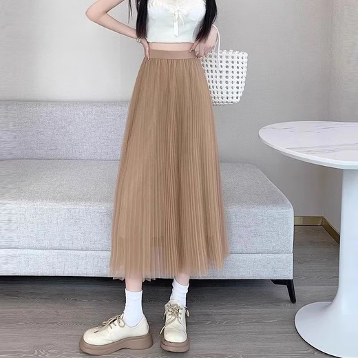 2025 new spring and summer versatile age-reducing women's mesh skirt over the knee long high-waisted slimming A-line pleated skirt 1369 [Clay color] XL [Recommended 125-140Jin [Jin equals 0.5 kg]]
