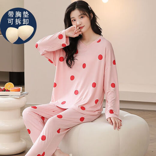 Yalu Brust Pad Modal Pyjamas für Frauen im Frühjahr und Herbst Langarmdünde große Größe und Fett losen Eisseide Kleidungsstück mit Brustpolster 3881 2xl (140-160jin [Jin gleich 0,5 kg])