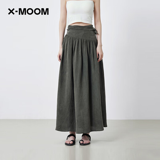 X--MOOM【商场同款】X--MOOM2025夏季新款设计感绑带A字裙中长半身裙女 墨绿 S
