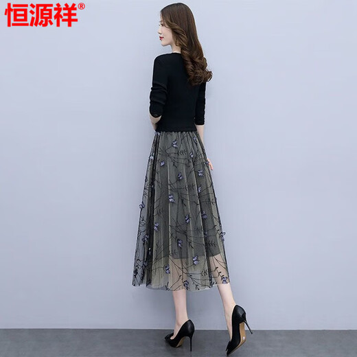 Hengyuanxiang yarn dress for women Spring and Autumn 2025 new summer high-end exquisite luxury brand temperament celebrity fake two-piece suit Black XL recommended 115-125Jin [Jin equals 0.5 kg]
