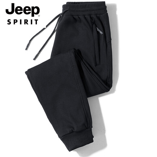 JEEP SPIRIT Spring, Autumn and Winter Casual Pants Men's Pure Cotton Sports Pants Men's Loose Plus Size Plus Size Velvet Thickened Straight Long Pants Black Straight (Style) Plus Velvet 2XL 120-140Jin Jin is equal to 0.5 kg