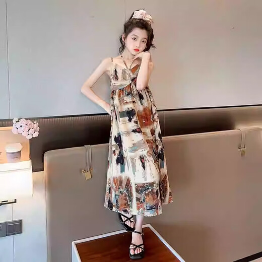 奥特曼儿童装女童吊带裙夏装2025新款夏季洋气连衣裙大童雪纺沙滩裙子S 圣托日落黄 120 cm