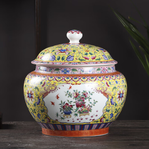 Junkiss Jingdezhen enamel decorative ornaments multifunctional storage jar rice noodle jar household with lid moisture-proof, insect-proof and mildew-proof yellow enamel lid jar 18Jin Jin is equal to 0.5kg water capacity with base