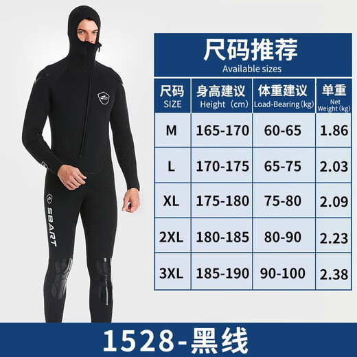 SBART 5MM hooded wetsuit for men, thickened, professional cold-proof and warm, deep diving, fishing, hunting, snorkeling and surfing clothing, winter swimsuit 1528 black hooded 5MM L (65-75KG)