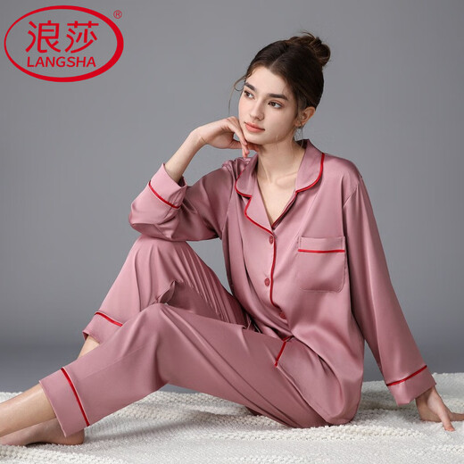 浪莎（LangSha）轻奢冰感女款睡衣冰长袖家居服女春秋款夏季新款真丝薄款 松绿3899 L (体重100斤到115斤)