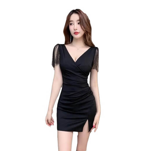 颂曼蒂技师工作服性感小个子连衣裙女深V礼服足疗足浴包臀夜场穿 3883黑色 S 建议80-95斤