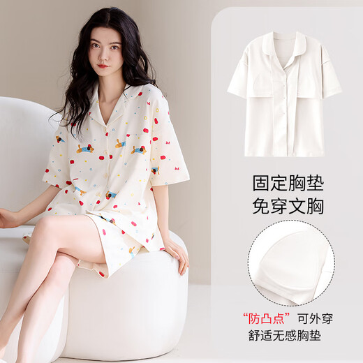 猫人（MiiOW）睡衣女士纯棉夏季带胸垫透气少女休闲2025新款可外穿家居服套装 可爱狗狗 【100%新疆棉 带胸垫】 M 【建议体重80-105斤】