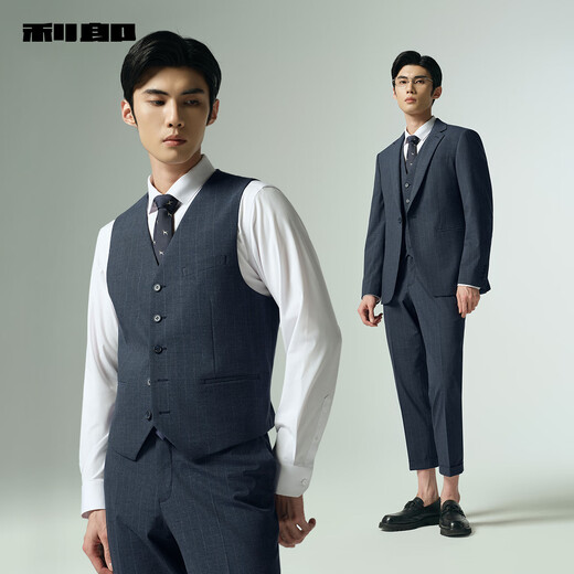 利郎西服套装三件套男折边裤脚西装秋季2025新款色织条纹商务正装礼服 深蓝（G5QXF821SA） L 170/84A