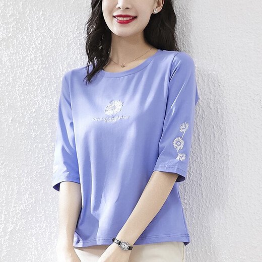 Yiruocai 7-Viertel-Hülsen-Frauen-T-Shirt mit großer T-Shirt für Frauen mit reinen Baumwoll-Baumwolle für Frauen lose koreanische Kurzärmer-T-Shirt 20 High-End-Design 1DS057 Blue Purple + W9793 Ice Blue One Size M.
