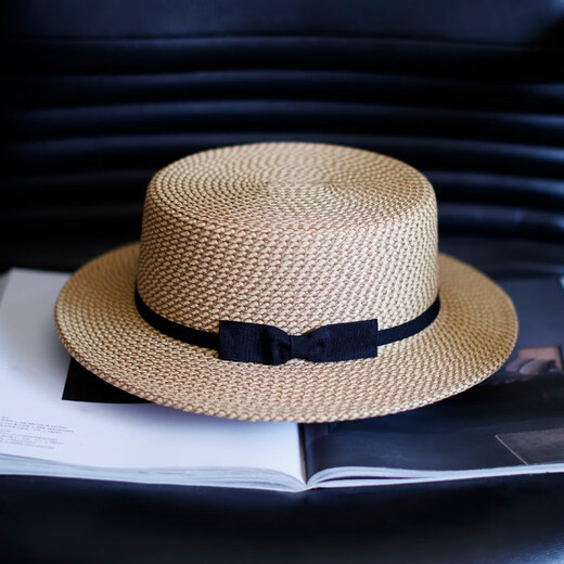 Tochino Japanese style straw hat women's summer sun hat flat brim small bow flat top hat sun protection beach hat vacation beige