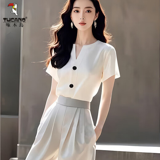 啄木鸟干练气质女装套装洋气时尚御姐风白色衬衫裤子盐系轻熟两件套夏季 灰色裤子+白色衬衫 S 【建议95斤以内】