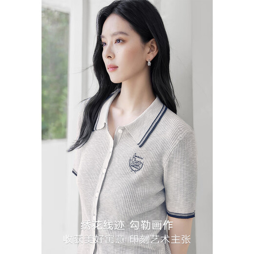 
Dialogue art paintings co-branded Polo neck contrast embroidered sweater for women 2025 summer new fashionable commuter top smoke gray M
