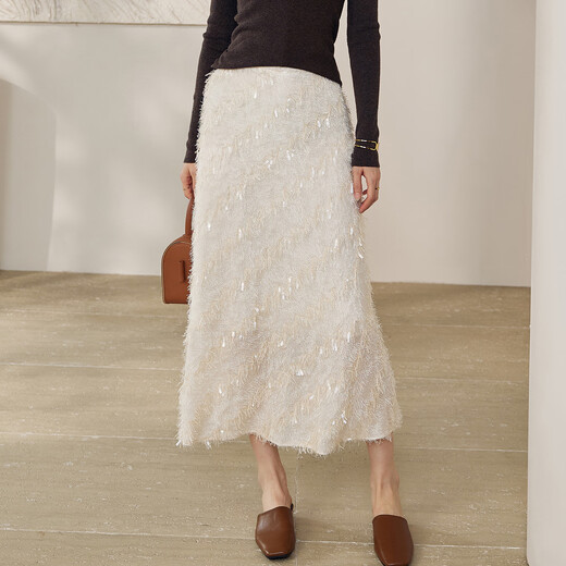 
ROEYSHOUSE high-end and beautiful tassel skirt for women in 2025 autumn new elegant high-waist A-line midi skirt 12604 beige S