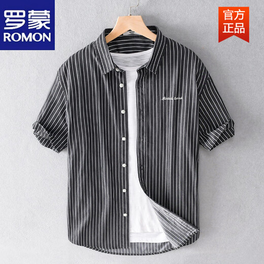 罗蒙（ROMON）男士条纹衬衫短袖宽松夏季薄款日系休闲百搭纯棉衬衣夏装衣服 9721白色 M 100斤左右