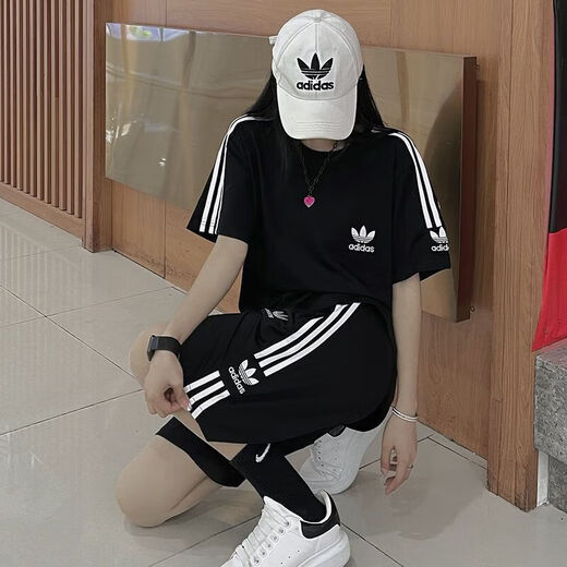 阿迪达斯（adidas）三叶草休闲刺绣运动套装短袖短裤套装T恤男女夏季圆领宽松两件套 【两件套】黑色 9889短套 L 90-105斤