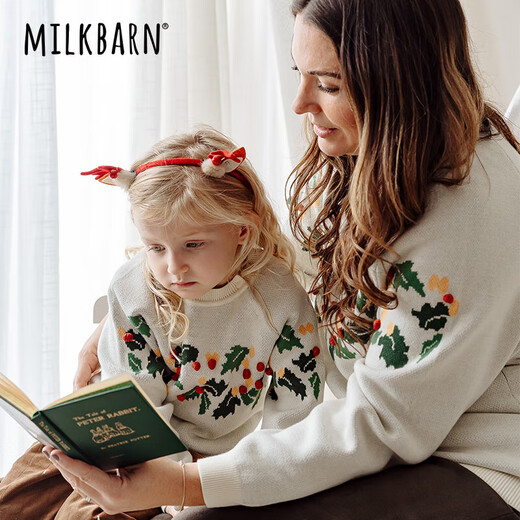Milkbarn儿童毛衣男女童套头衫宝宝秋冬纯棉保暖针织衫亲子圣诞装 奶酪白 73 cm