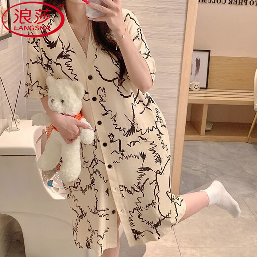 Langsha Sommer-Stricksalz-Nachthemd mit Brustpolstern lose und schlanker chinesischer Stil bedrucktes süßes und sexy Kleid-Pyjamas mittelgroß 5155 Nachthemd mit Brustpolstern] M empfohlen 80-95 Jin [Jin gleich 0,5 kg]]
