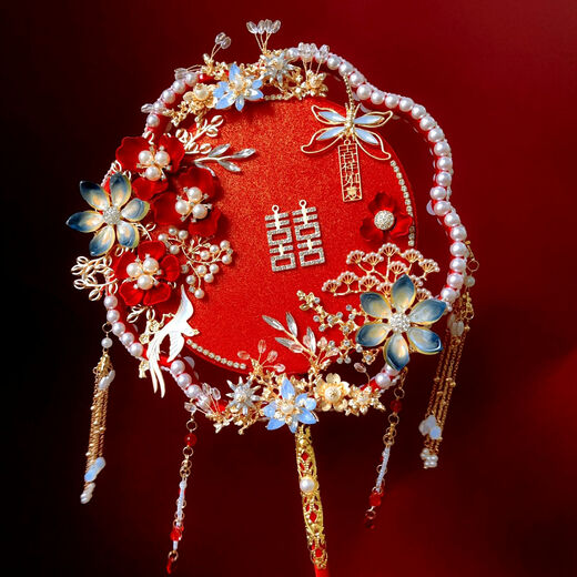 呦依中式双面双圈团扇diy材料包新娘结婚龙凤秀禾服手捧花束 红妆/花材料包+礼盒
