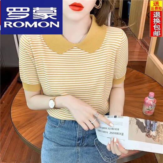 Collar de muñecas a rayas de Romon para mujeres de manga corta de 25 años, suéter de seda de seda de hielo, camiseta delgada pequeña de la edad DX691# amarillo s recomendado 80-100Jin [Jin iguala 0.5 kg]