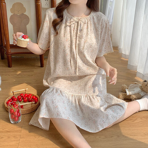 Victoria's Style Pyjamas mit Brustpolster für Frauen im Sommer 2025 Neue lose und niedliche koreanische Floral Nachthemd mittelgroße Hauskleidung großer Größe M16862 [mit Brustpolster] XL